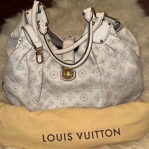 Louis Vuitton White MAHINA XL 
Shoulder Bag with Gold Accents